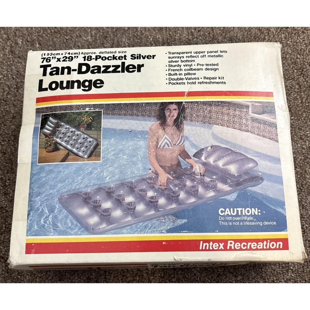 Intex Vintage Tan Dazzler Lounge 18 Pocket Silver 76"x29" 1985 Pool Float NEW